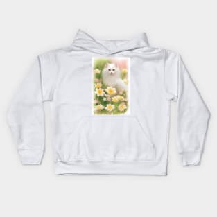 Longhaired White Cat in the Flower Garden Soft Pastel Colors Kids Hoodie